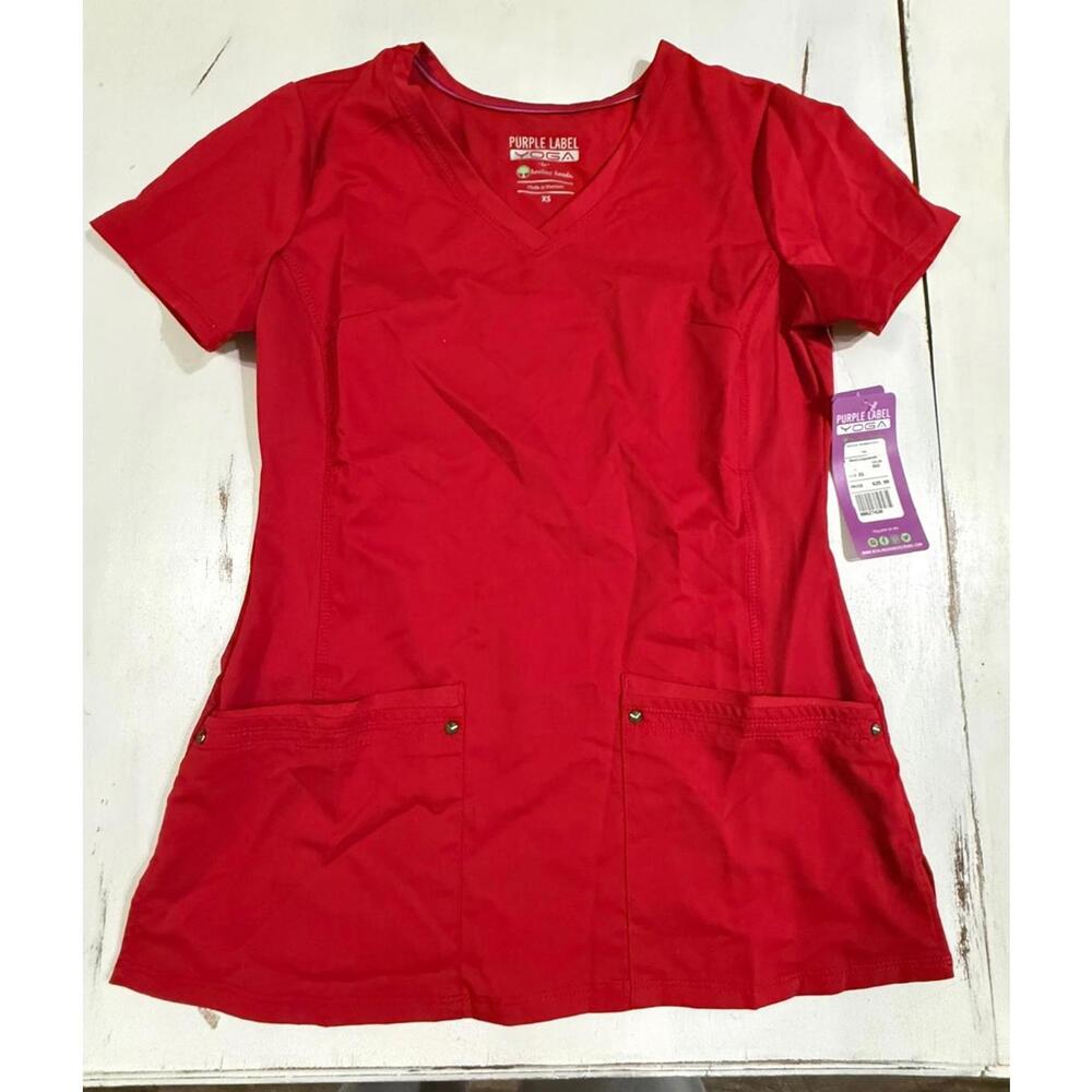 New Healing Hands Purple Label Yoga Stretch V-Neck Juliet Xsm Scrub Top Red